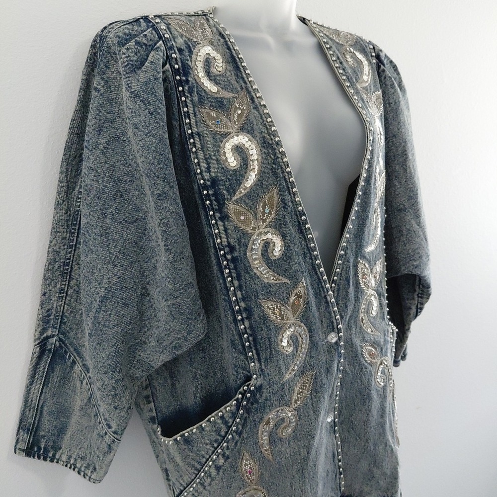 80's Bling Denim Jacket Womens Medium Acid Wash Deep V 90210 Preppy Retro Punk - Picture 3 of 16